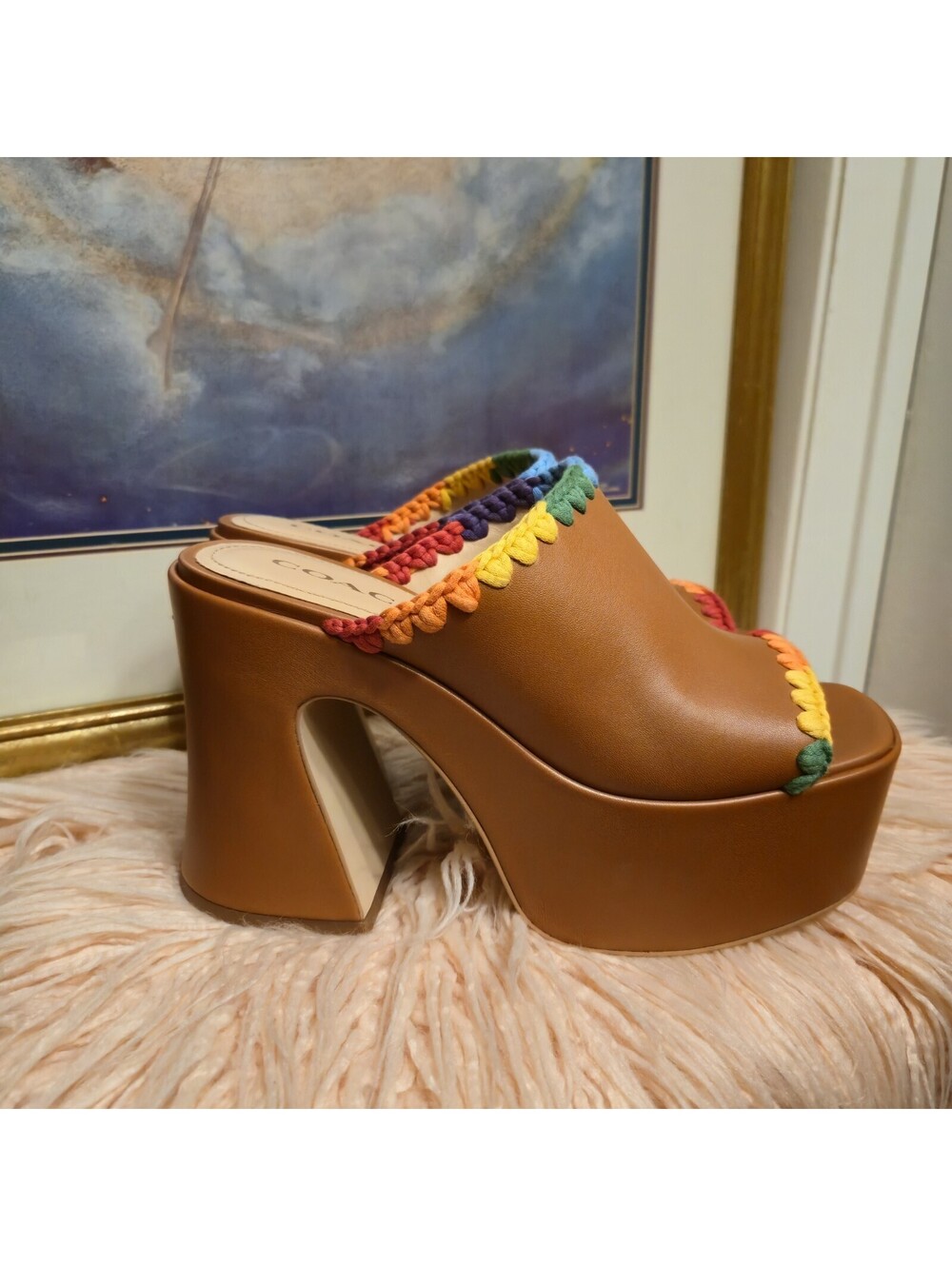 Coach Rainbow Crochet Leather Platform Mule Sandals Size 9 Worn Once w/ Box - Picture 3 of 8